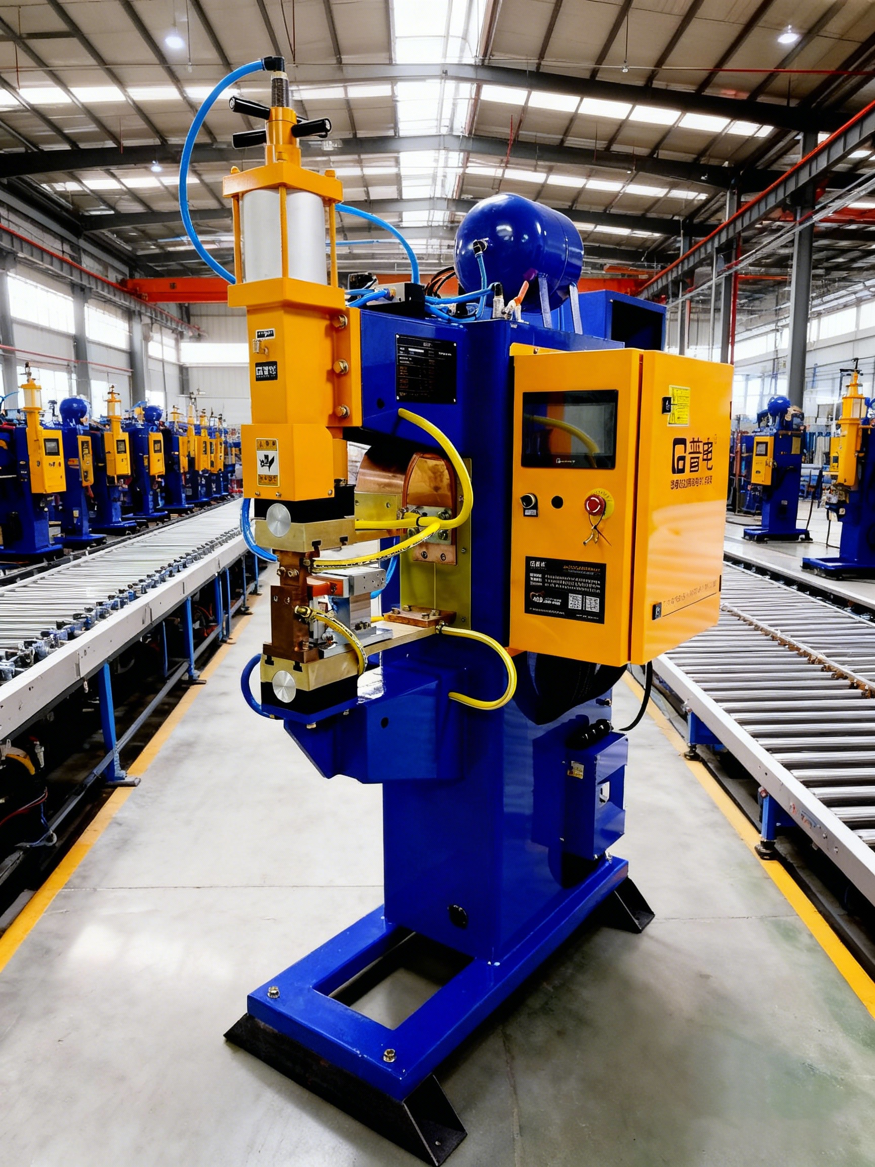 jimeng-2025-11-26-1201-将焊机放置在现代化工业车间中，背景有其他同类焊机设备并列排放，形成整齐的生产线布..