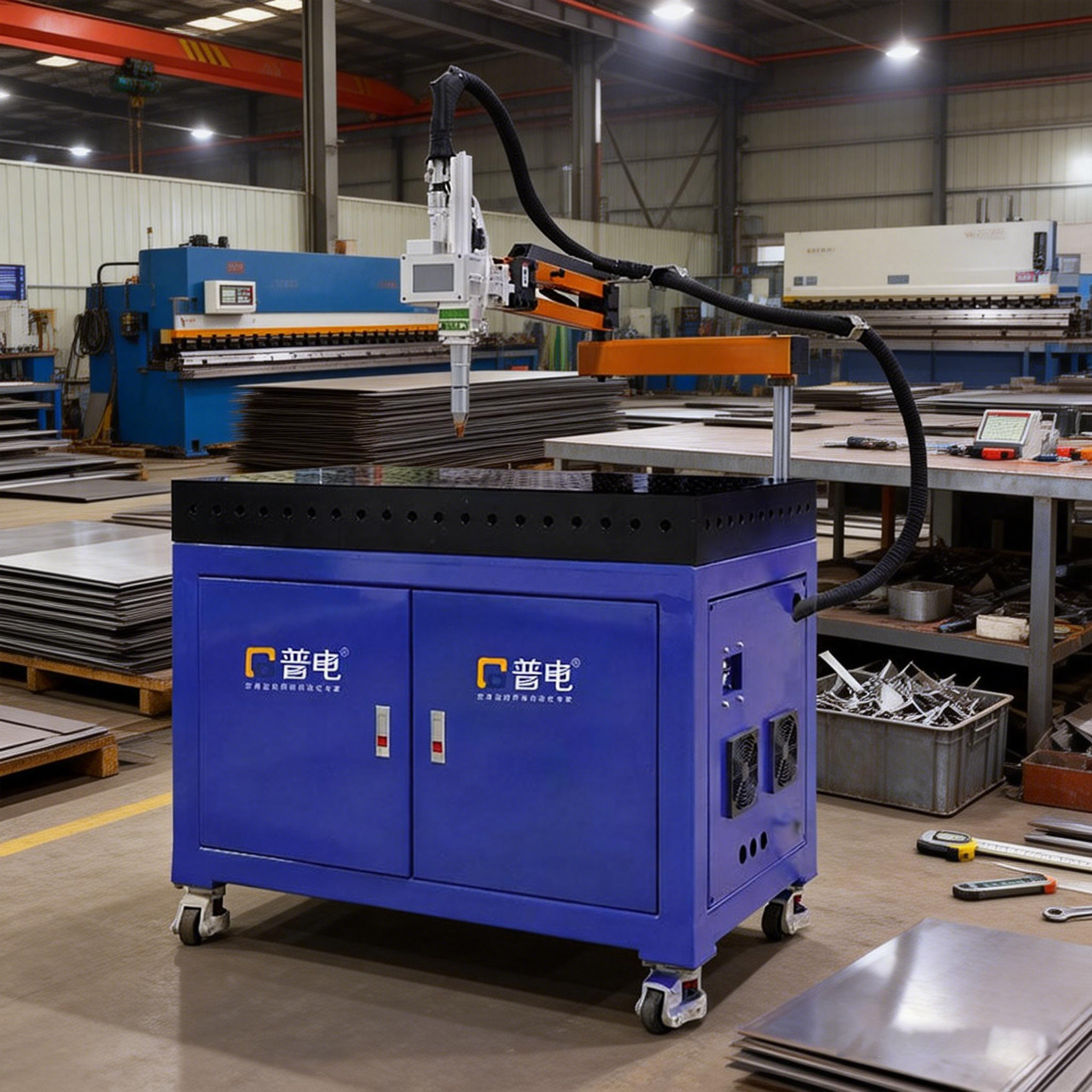 jimeng-2025-12-19-6515-将设备放置在专业的钣金加工厂车间中，背景包含金属板材堆放区、剪板机、折弯机、冲压..