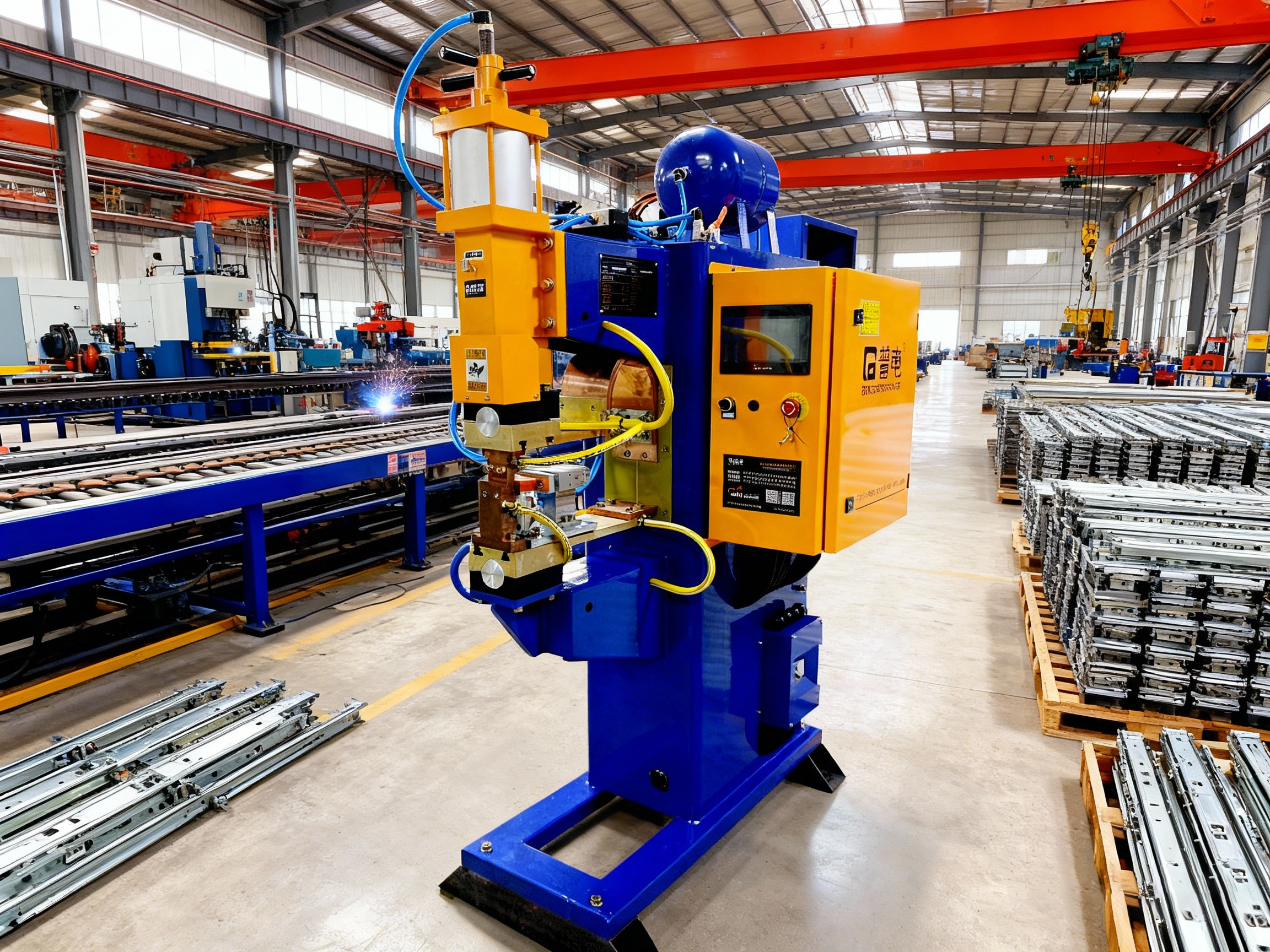 jimeng-2025-11-26-1785-将焊机放置在工业级抽屉滑轨装配车间，背景有大型抽屉滑轨生产线和重型加工设备，多台...